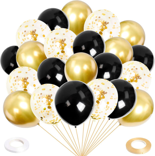 100Pcs 12Inch Black Balloons Black Gold Balloons Metallic Gold Confetti Latex Party Balloons for Men Women Kids Birthday Baby Shower Retirement Graduation Wedding Halloween Party Balloons Decorations