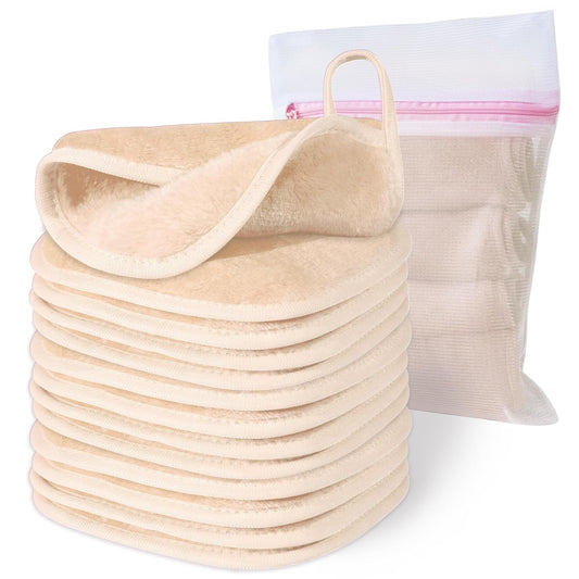 Makeup Remover Cloth, 6" X 6" Make up Towels Reusable Face Cloth for Washing Face, 12 Pack Makeup Remover Pads Microfiber Face Washcloth with Mesh Bag, Beige