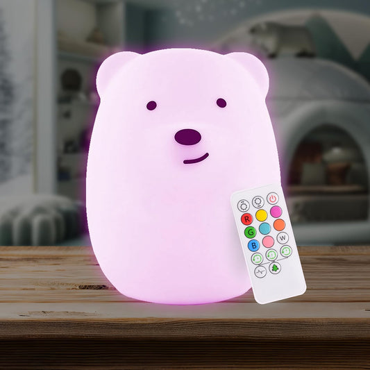 Benny the Bear Squishy Silicone Night Light for Kids | Cute Night Light with Remote & Touch Control for Girls & Boys | 9 Color Changing Soft Portable Animal Lamp Comes with USB Cord