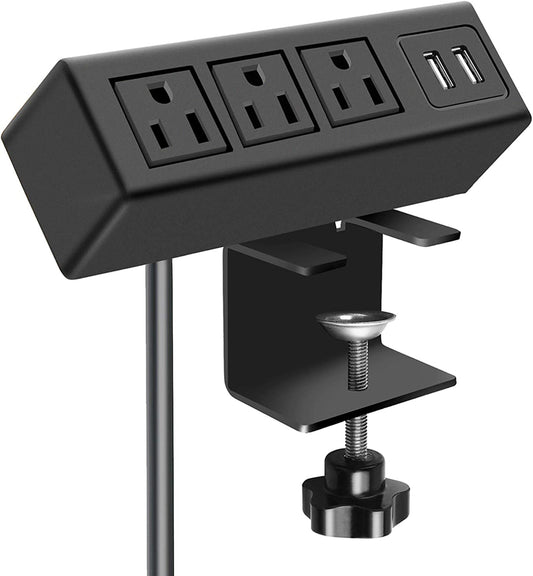 3 Outlet Desk Clamp Power Strip with USB Ports, Desktop Power Strip Surge Protector 1200J. Table Mount Charging Power Station, on Edge Power Outlet 125V 12A 1500W.