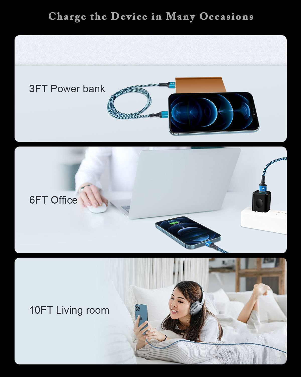 Rapid Charging Iphone Cable, Apple MFI Certified Extension Charging USB Wire, Long Braided Data Sync Transfer Power Line for Iphone 14 13 12 11 Pro Max/10/Xs/Xr/Se, USB to Lightning Cord 10FT | 2Pcs