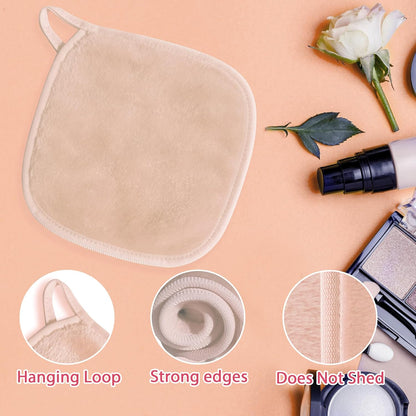 Makeup Remover Cloth, 6" X 6" Make up Towels Reusable Face Cloth for Washing Face, 12 Pack Makeup Remover Pads Microfiber Face Washcloth with Mesh Bag, Beige